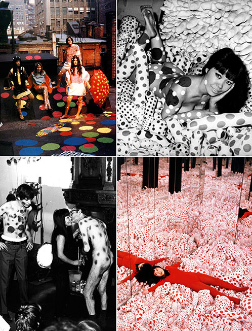 Puantiye istikrarı(soldan saat yönünde)
Kusama'nın puantiyeleri New York'ta 1968'te bir çatıda yapılan moda çekiminin konseptini oluşturuyor.
Kusama 33 yaşında, yıl 1962. Otoportrede yine puantiye var.
'Infinity Mirror Room - Phalli's Field' adlı enstalasyon, 1965, New York.
Japon sanatçı puantiyelerini, bu kez iki erkeğin vücuduna taşımış.Erkeklerden biri tüm vücudunun kullanılmasına izin verirken, diğeri pantolonunu çıkarmayı reddetmiş, 1960'lar...